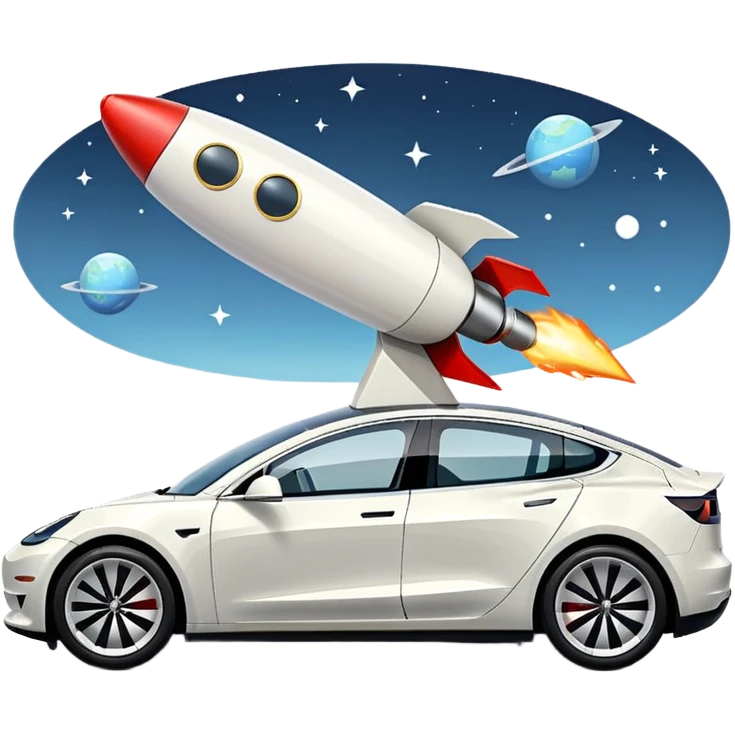 Tesla model 3 white. Two small rockets mounted flat on roof emoji