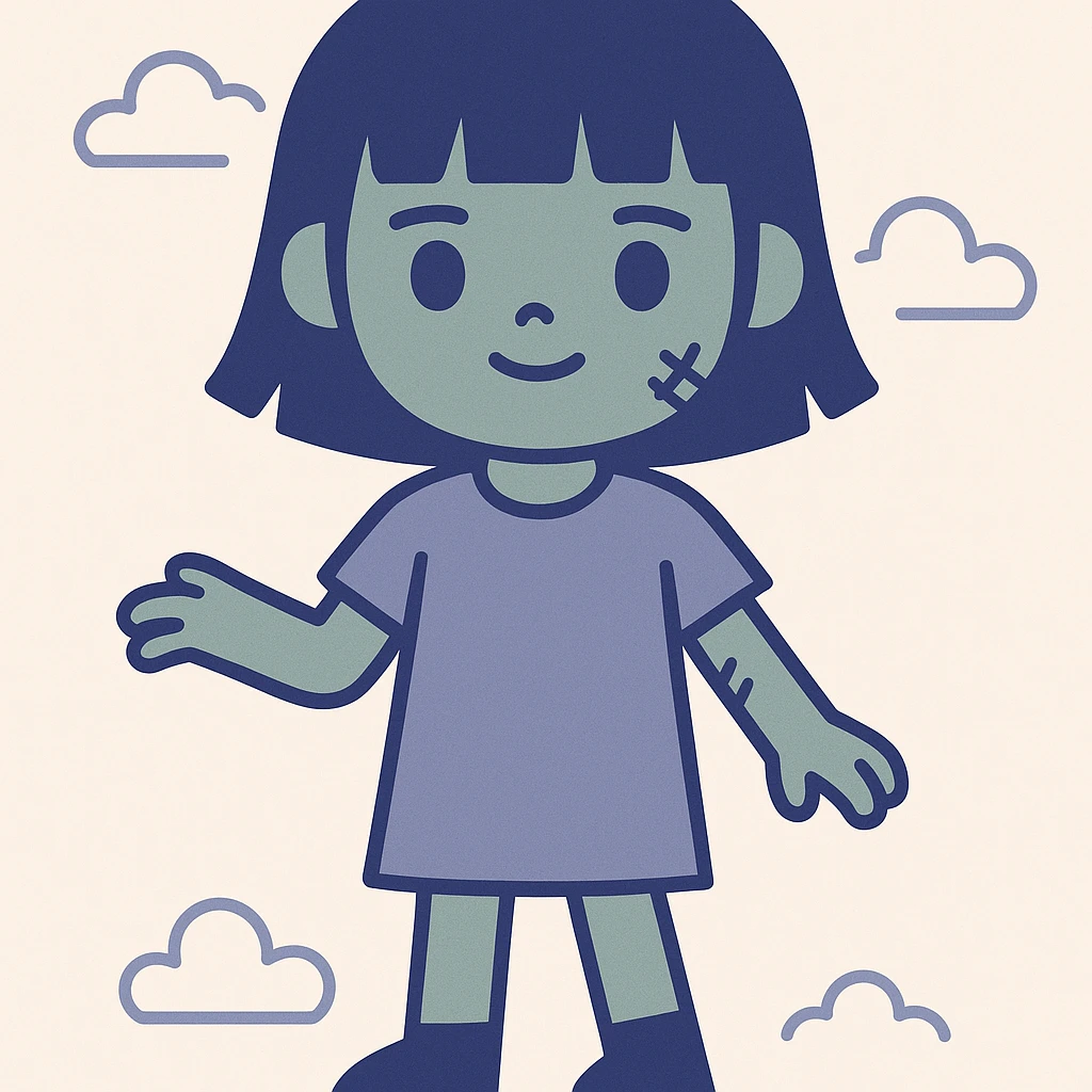 garota zumbi com franja, estilo cartoon, pele esverdeada, olhos grandes emoji