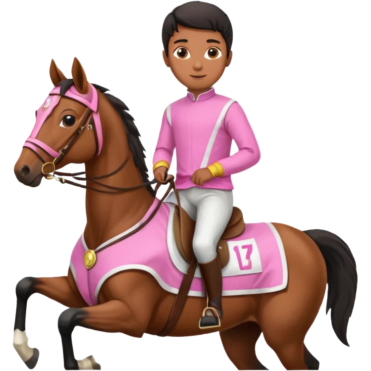 black boy riding horse wearing racing cloth pink emoji