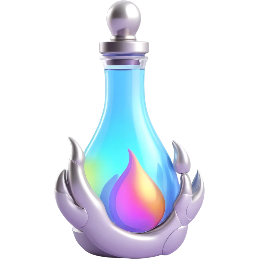 luxurious elixir bottle in monster paw shape, vibrant color, silver and holographic details, many magical effects, very small neck, seamless bottom, bottle floating in air, no base or shadow, modern, collection style emoji