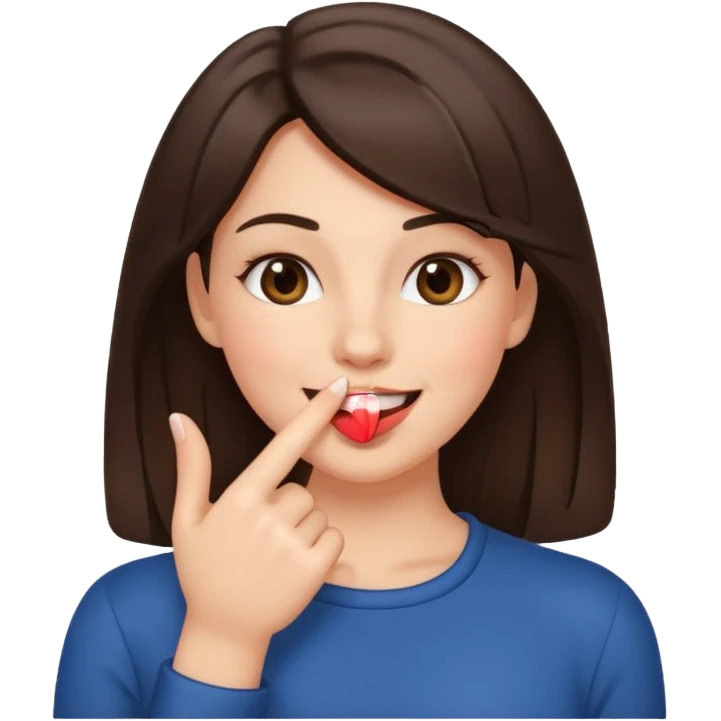 femme brune qui rougit en souriant avec un doigt dans sa bouche  emoji
