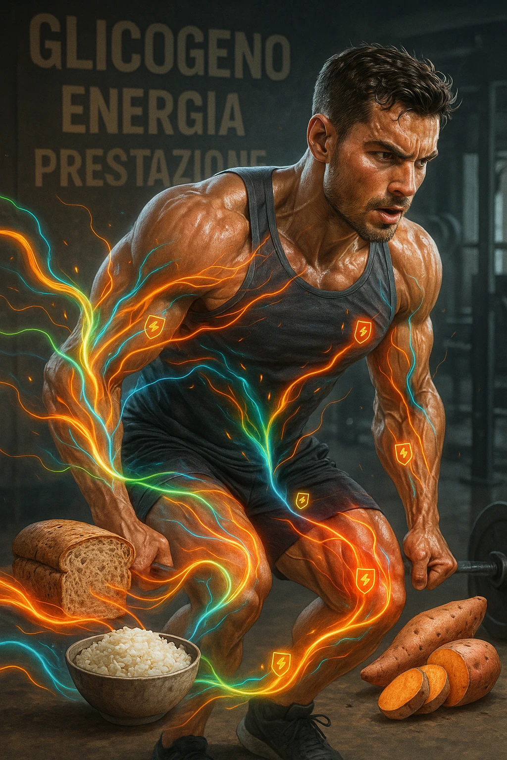 Uomo atletico di circa 30 anni durante un allenamento intenso in palestra, con muscoli ben definiti e sudati. Intorno a lui si visualizzano flussi energetici colorati che partono da fonti di carboidrati (pane integrale, riso, patate dolci) e si dirigono verso i suoi muscoli. I muscoli appaiono attivi, tesi e in pieno sforzo, con piccoli simboli di 'carburante' o energia che entrano nei tessuti. Espressione concentrata e potente. Sullo sfondo, parole come 'glicogeno', 'energia', 'prestazione'. Atmosfera dinamica, intensa e positiva. in italiano emoji