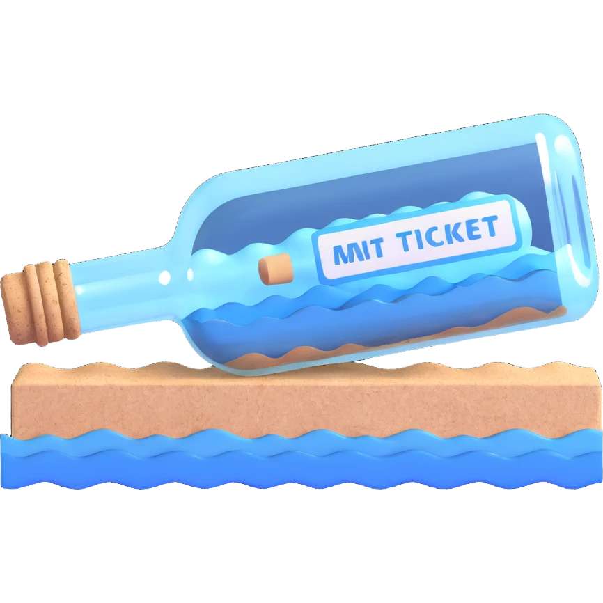 blue ticket inside a transparent glass bottle with cork, floating on gentle waves emoji