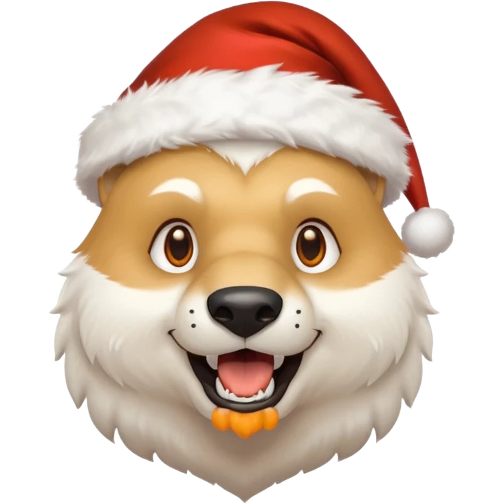 Polar bear and wolf hybrid with sabertooth fangs; light orange eyes; smiling; wearing a Santa hat  emoji