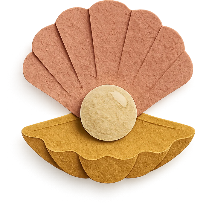 close-up of a clam holding a pearl, textured paper details, paper-craft style emoji