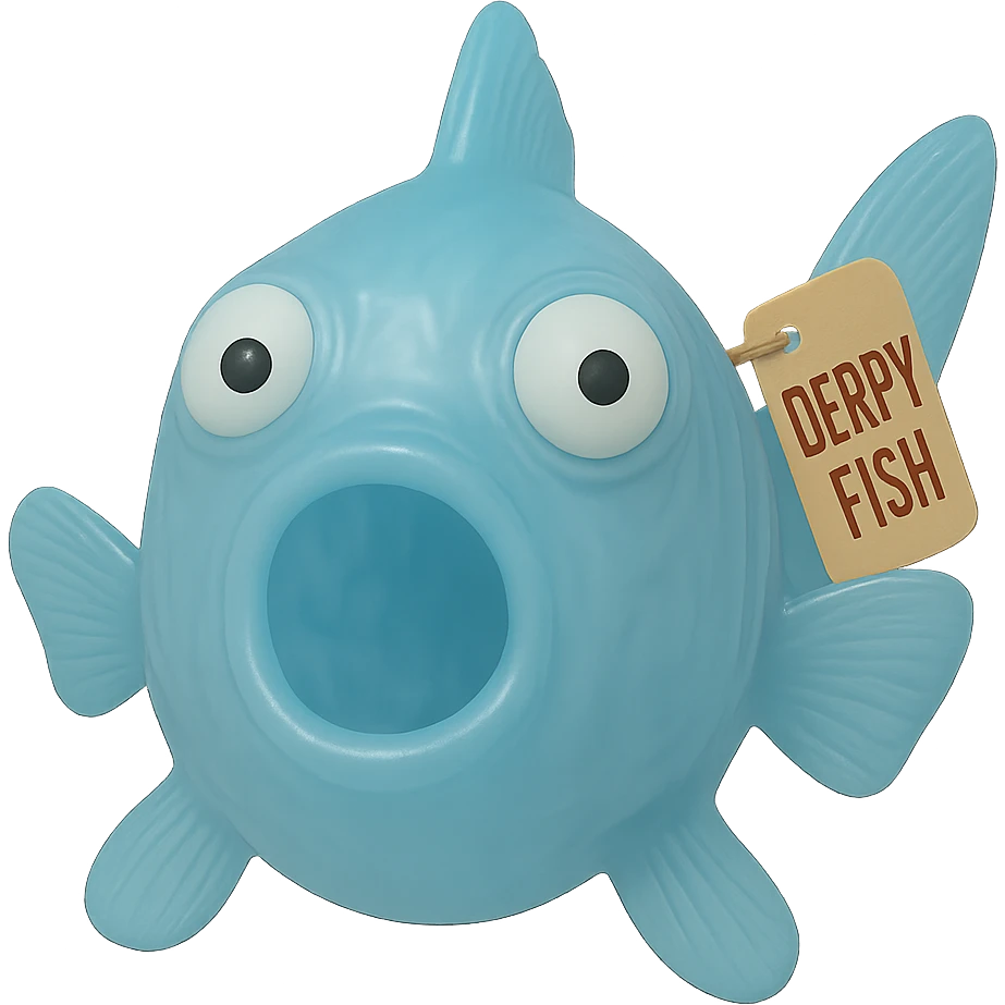 Edit the image to change the retro toy tag on the fin to say 'Derpy Fish'. Make sure the fish is looking perfectly straight at the camera. Keep the see-through, semi-transparent blue plastic, eyes going in opposite directions, hyper-detailed, soft plastic 90's toy look. Remove the background. The style should reflect a see-through, semi-transparent blue plastic 90's toy with hyper-detailed soft plastic texture and derpy eyes. emoji