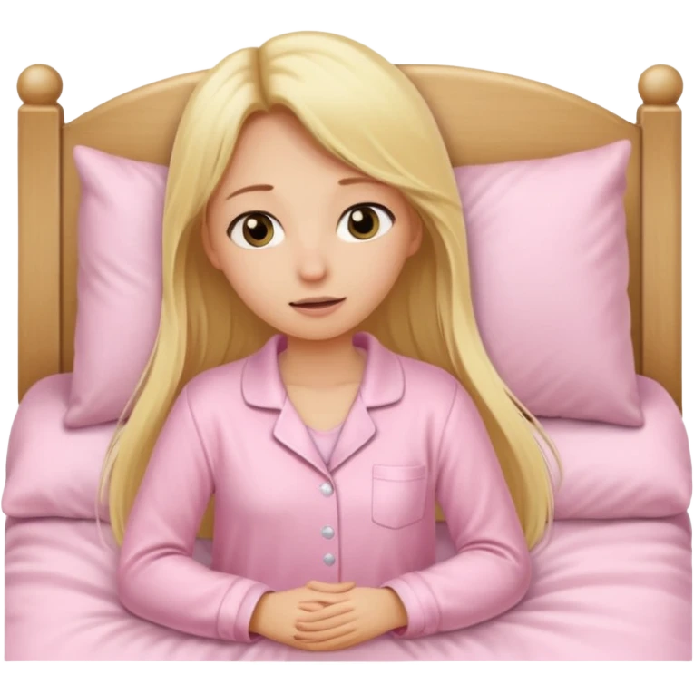 A girl in a light pink pajama wakes up in bed, her hair long, blonde, and straight. emoji