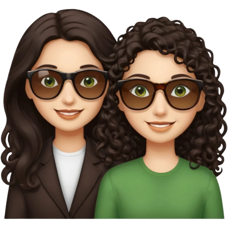 Two besites in sunglasses, 1: long ironed straight darkbrown hair, green eyes, 2: long curly darkbrown hair, brown eyes emoji