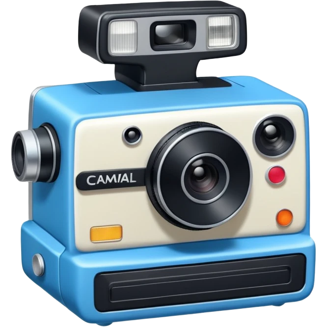 A hand-drawn doodle in a minimalist, cartoon style of a [instant camera]. The object is white with thick, rough, black marker outlines and two small black dot eyes. It is a simple sketch with no realistic textures, centered on a solid [blue] circular background." emoji