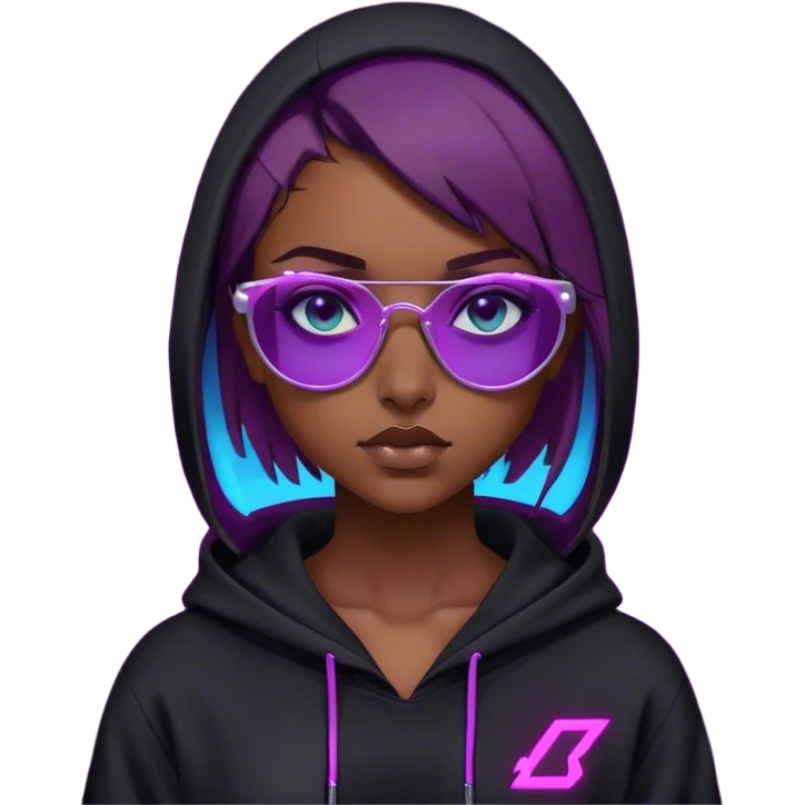 
girl with brown bob and blue eyes in a black hoodie and sunglasses. Cyberpunk style. Violet neon. emoji