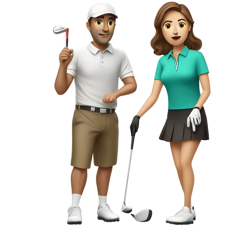Brown haired guy and brown haired girl in golf skirt golfing emoji