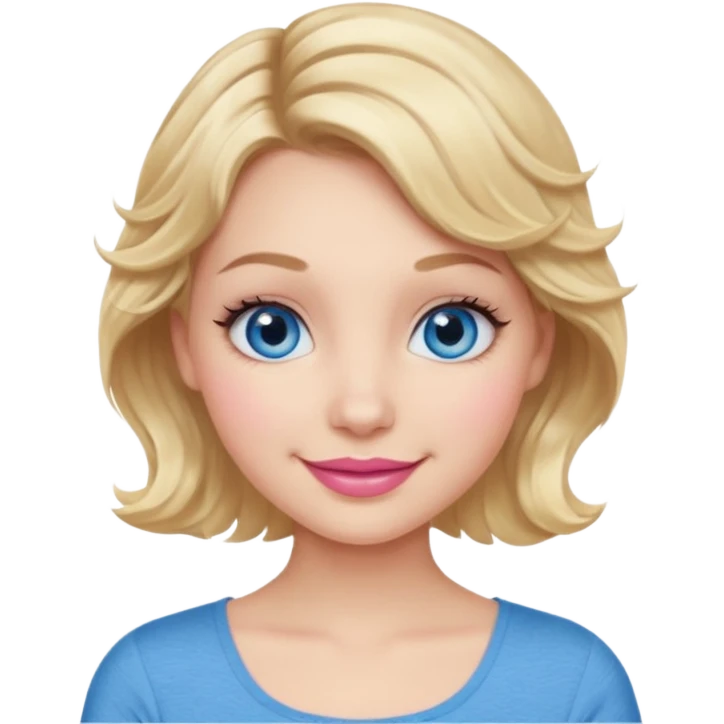 Girl Blonde short wavy hair,  blue eyes, cute blue top, long lashes, pink lips, 👄  emoji