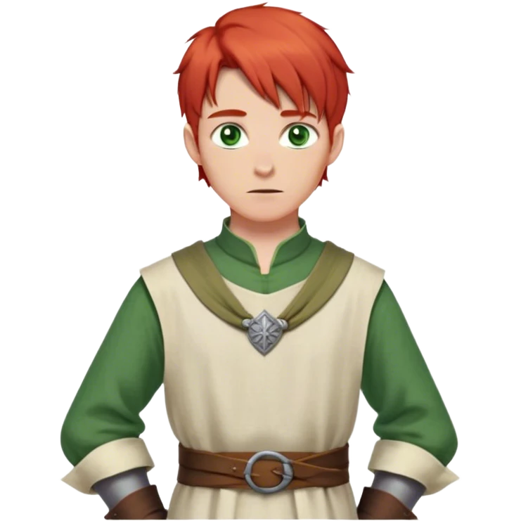 medieval spring outfit worn by a DnD themed fantasy male character. fine linen tunic with a buttoned neckline and a sash tied loosely at the waist. clothes only above the waist. The clothes full waist. The character's haven't arms. character is white-skinned, red hair, green eyes, short straight hair. emoji