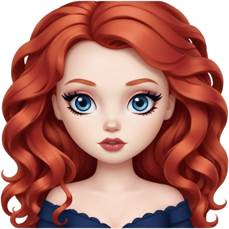  long wavy red hair, pale skin, dark blue eyes, pretty bratz baddie, black eyeliner, blush emoji