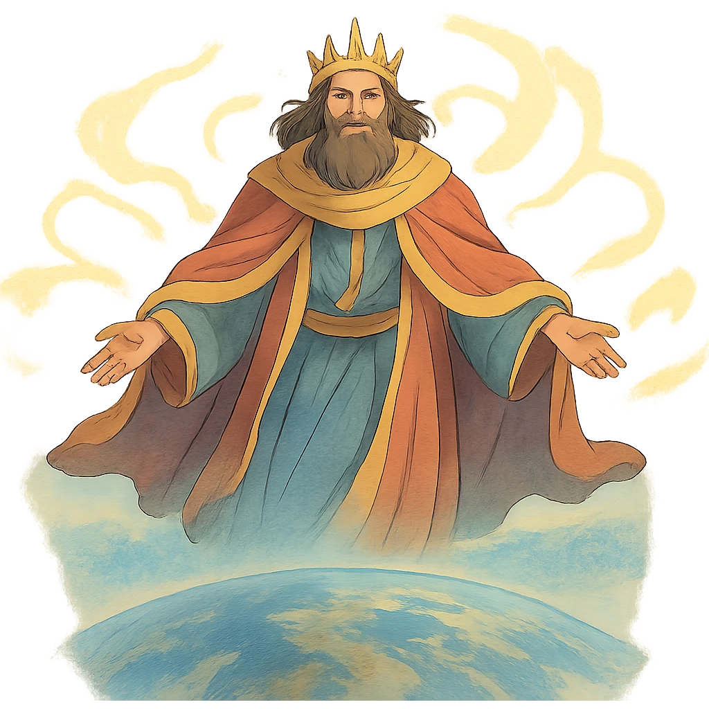 ghibli style godlike man with regal robes, floating above the world, ethereal atmosphere emoji