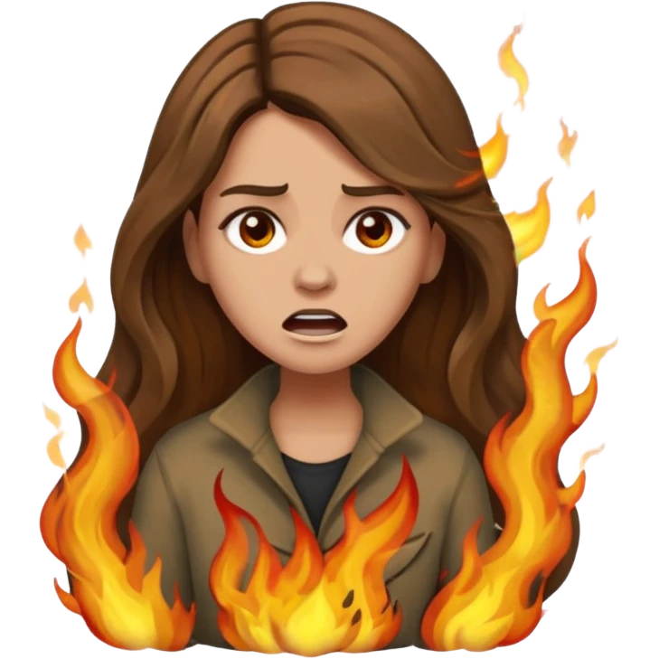 Woman with hair on fire looking stressed and panicked with brown shoulder length hair—longer hair please and light skin—an Irish gal emoji
