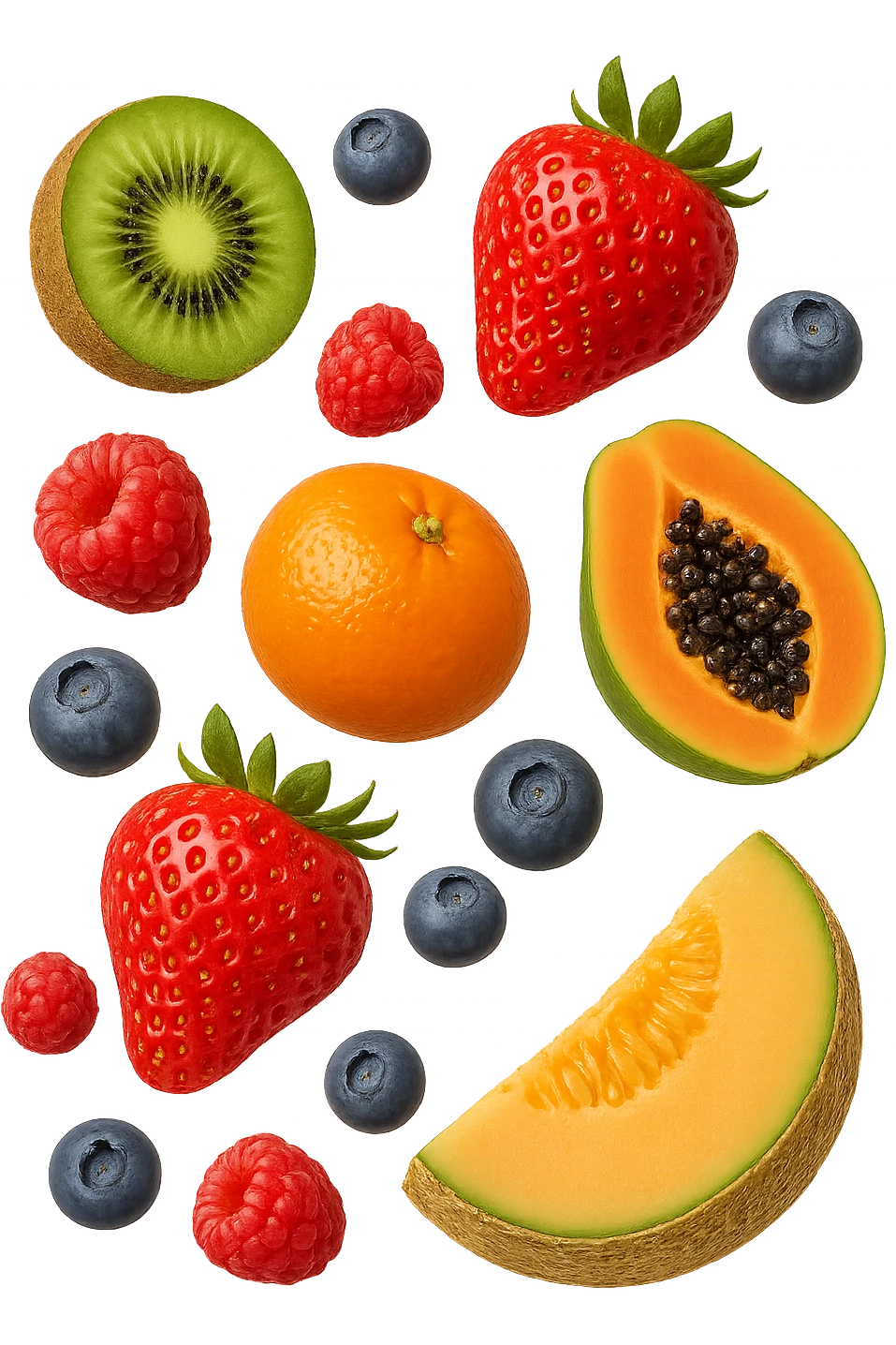 emoji stile iphone 3d di kiwi, fragole, lamponi, mirtilli, ananas, mandarini, papaya, melone cantalupo
 che fluttuano in aria, iperealistico 4k emoji