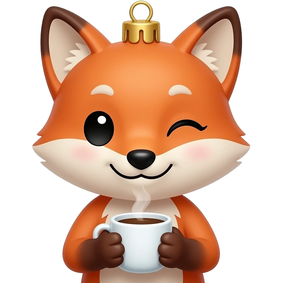 Winking fox face emoji holding a small, steaming coffee cup like an ornament, cute emoji style, transparent background emoji