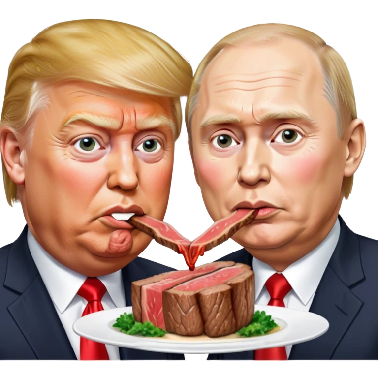 photorealistic Donald Trump and Putin eating a steak shaped like an piece of land emoji