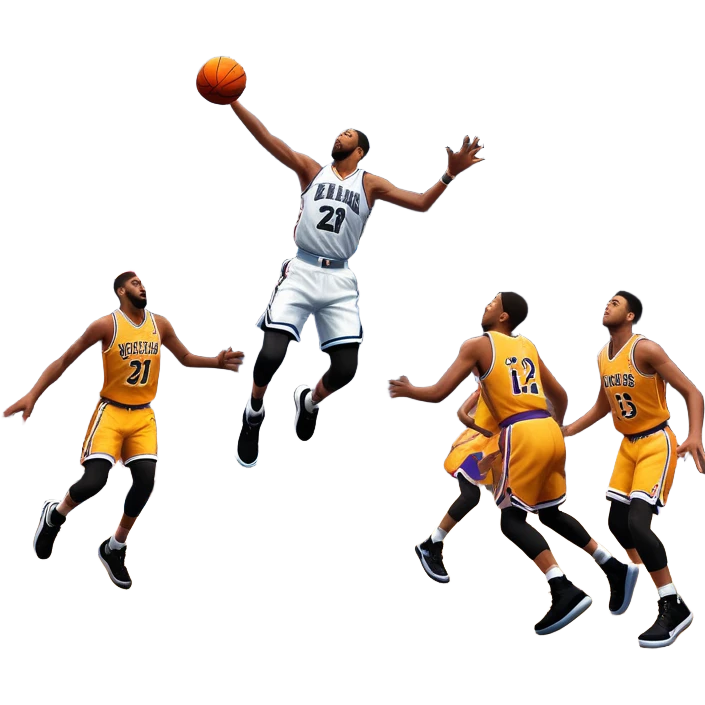 An icon showing a basketball court with players in action, inspired by NBA 2K25. A player jumps for a dunk, the ball mid-air, surrounded by a vibrant basketball arena with cheering fans and bright lights. Transparent background emphasizes the intense atmosphere emoji