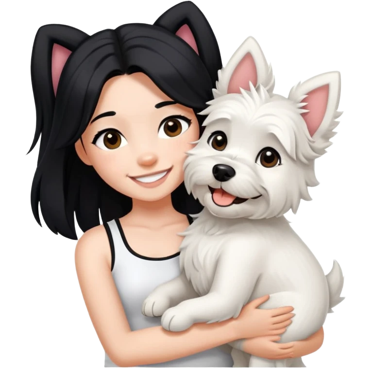 A girl with long black hair to her wearing a white crop top and black legging,she is smiling and hugging a west highland terrier with big ears  emoji