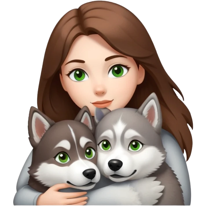 White girl white Green eyes and brown hair make a hug to a husky white ans grey white brown eyes  emoji