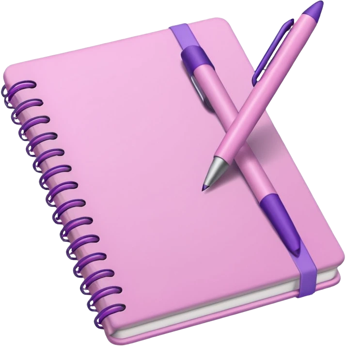 pastel pink notebook with a soft purple pen resting on it, iOS emoji style emoji