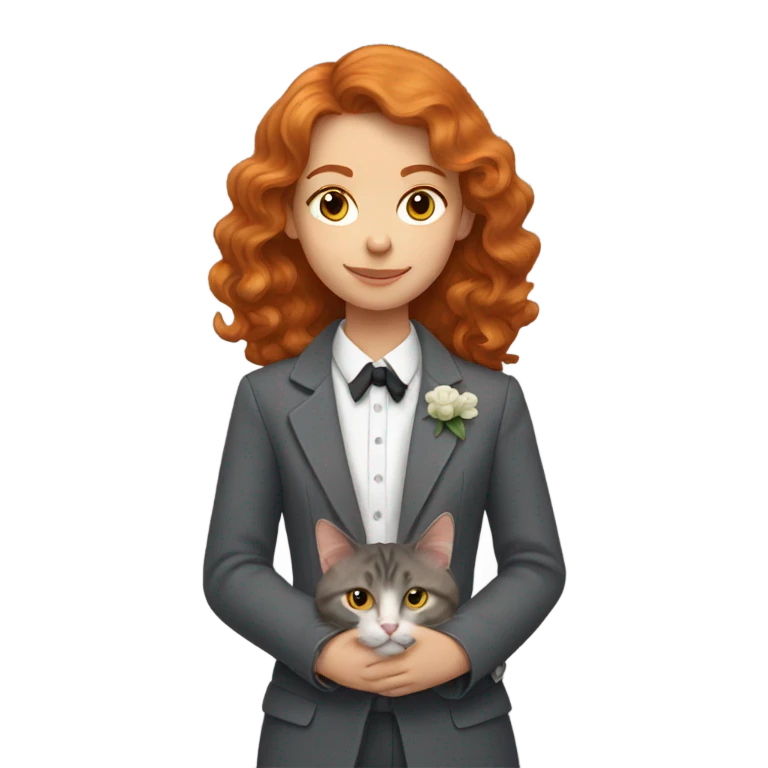a girl with wavy ginger hair with a grey tuxedo cat emoji