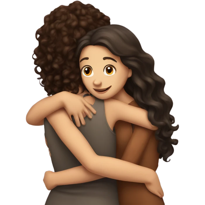 A curly brunette hugging a straight brunette girls  emoji