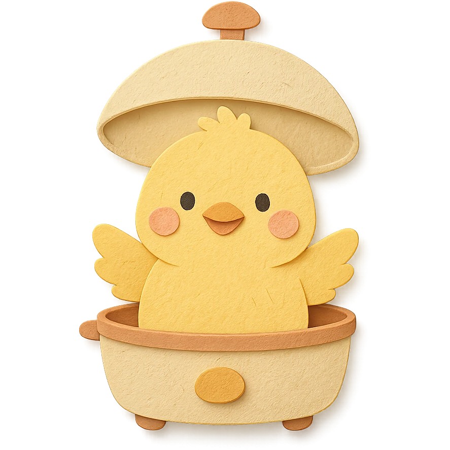 cute chick emerging from an egg cooker lid, smiling, soft yellow colors, full-body emoji