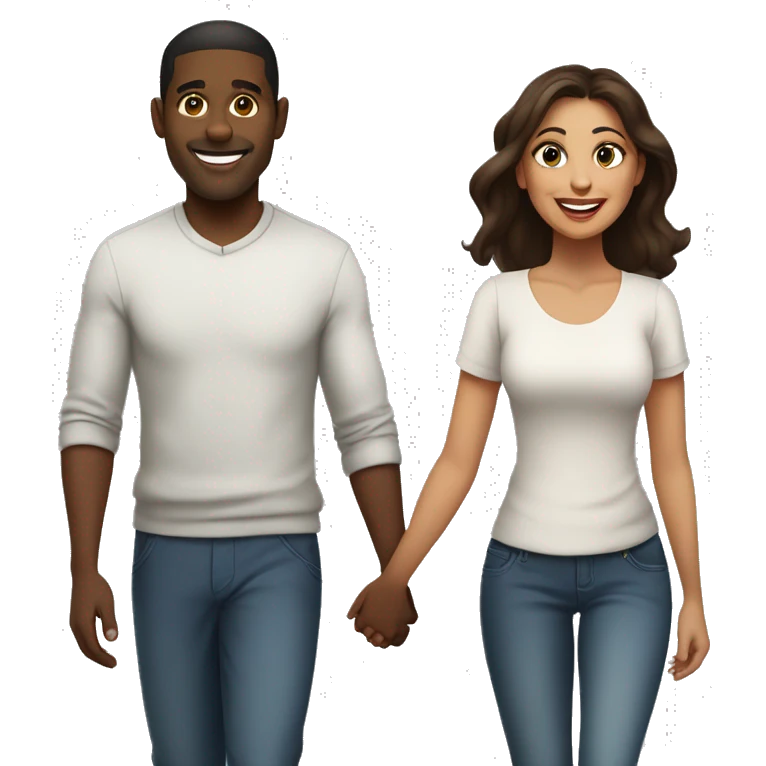 A black man  with medium short hair and a Latina woman with  long brown hair holding hands and walking side by side, smiling and enjoying their time together emoji