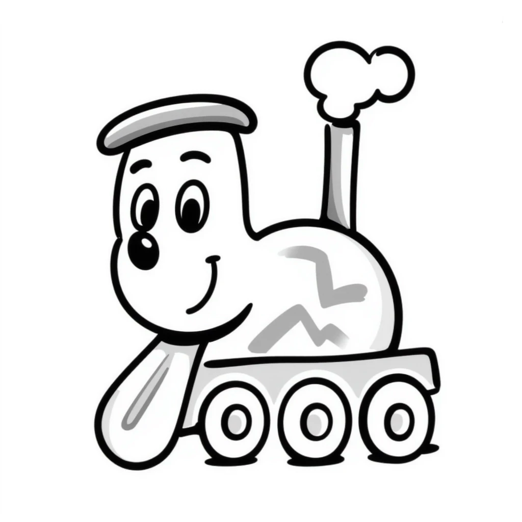 A hand-drawn toy train with a goofy happy expression and a conductor's hat emoji