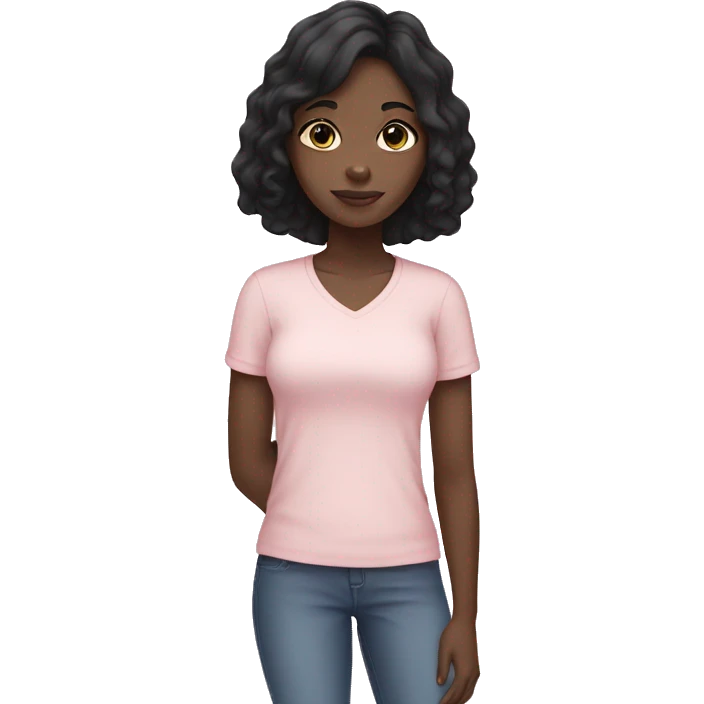 Black girl with black hair wearing a pale pink shirt holding a white cat emoji