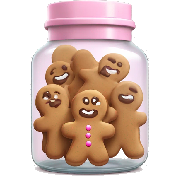 Realistic glass cookie jar with light pink lid full of gingerbread cookies isolated.  emoji