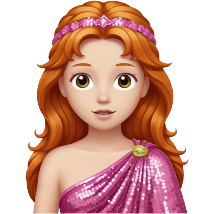 Venus from Roman Deities with long ginger hair, pink sequin toga emoji