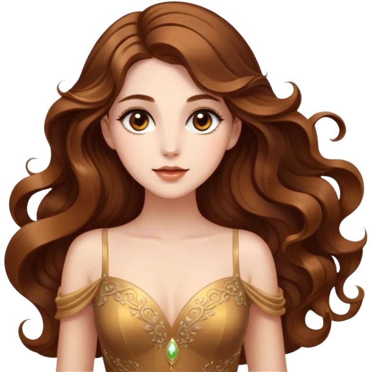 Cinematic Stunning Belle Portrait Emoji, Deep brown eyes full of curiosity, long chestnut hair flowing in soft waves, wearing her golden ballroom gown, glowing with warmth and elegance, a princess whose beauty is as radiant as her mind! emoji