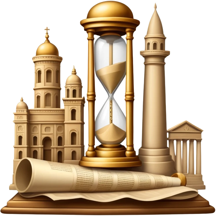 icon featuring ancient scrolls, quill pen with famous historical landmarks and monuments in the background. Large, antique sand clocks with sand pouring out represent the passage of time. Historical figures are depicted as statues. Transparent background. emoji