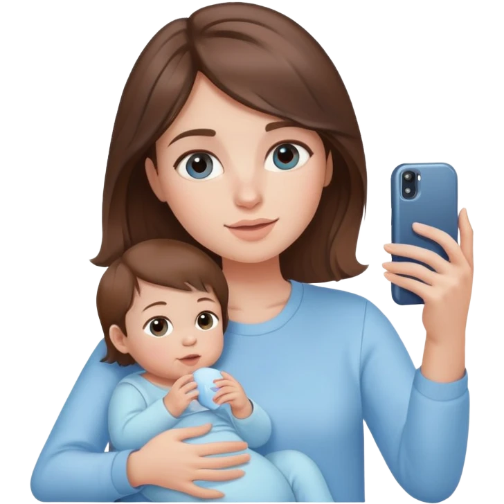 brunette girl with brown hair wearing pastel blue clothes holding a baby and taking a selfie emoji