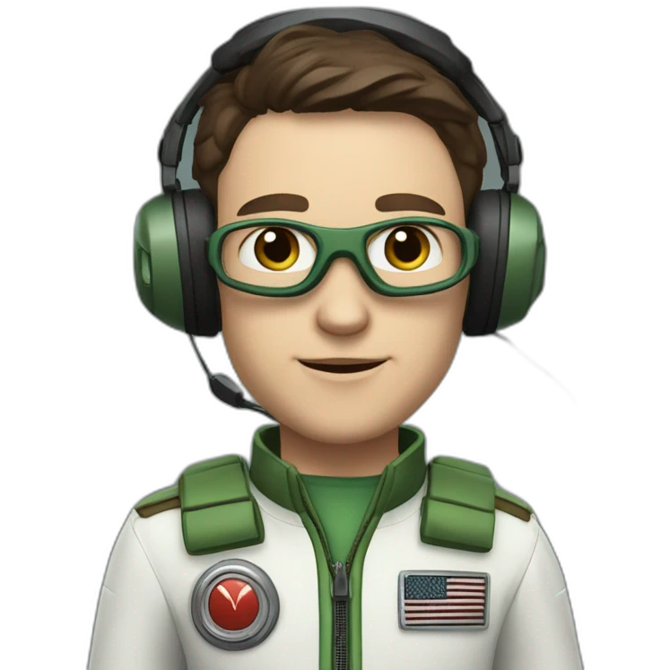 A young white male tennager with a thin face with dark brown hair and brown eyes in a pilot suit and wearing a green Pilot headset emoji