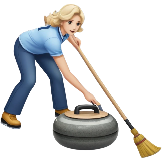 An icon showing a detailed close-up of a curling stone sliding across the ice, with a broom in motion beside it. The background features an indoor stadium with cheering spectators on the stands. Transparent background captures the strategy and focus of curling. emoji