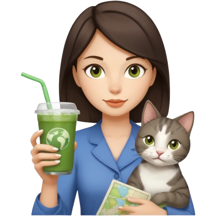 a brunette woman in here 30S drinking an iced matcha, carrying a grey cat and a map of the world emoji