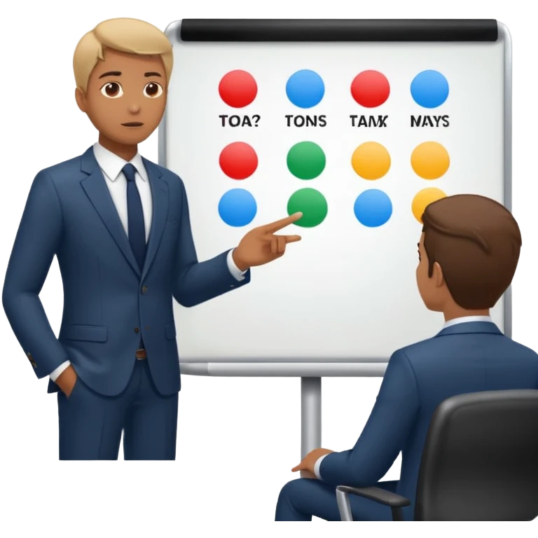 Create a realistic emoji of a person making some decisions in front of a grounp while standing in a office. the team is sitting while the leader stands next to a white board emoji