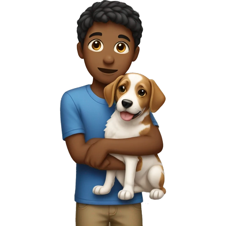 boy holding dog indoors emoji