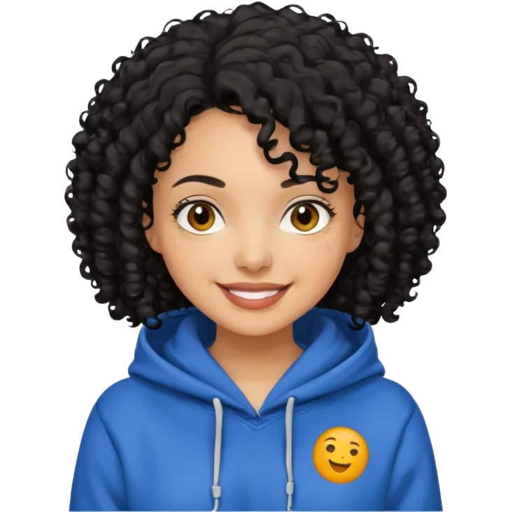 A women with a black curly hair who wear a hoodie and that hoodie have a some smorf emoji