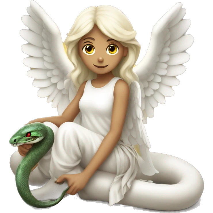 White angel girl sitting next to a snake emoji