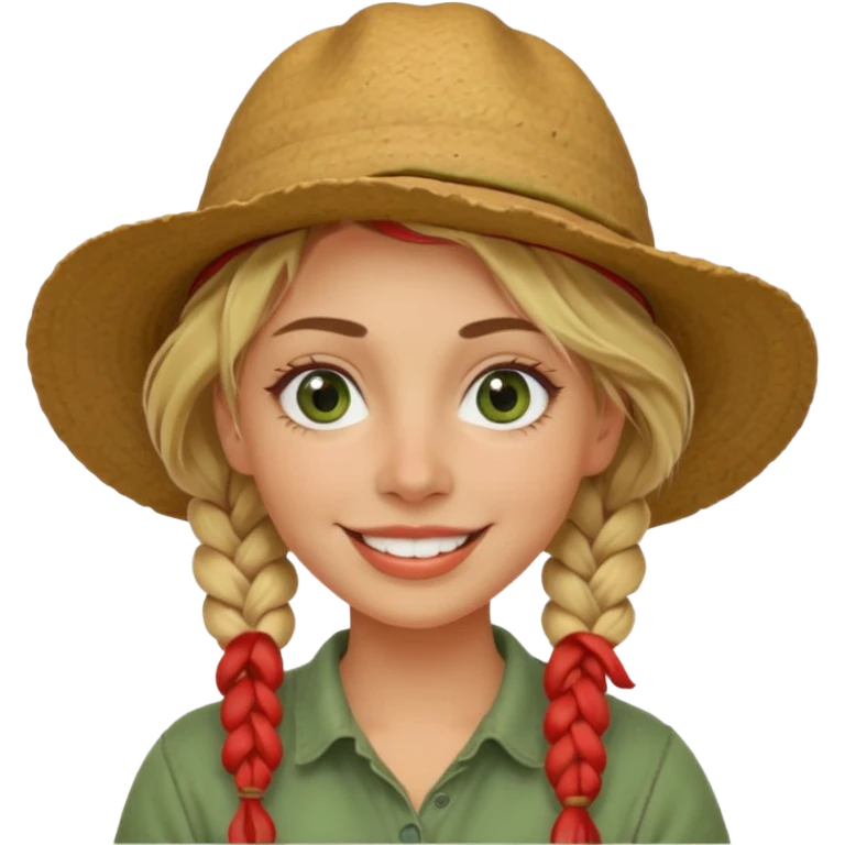 messy green clay mask and red tourist hat blond braided woman big eyes smiling and clay mask emoji