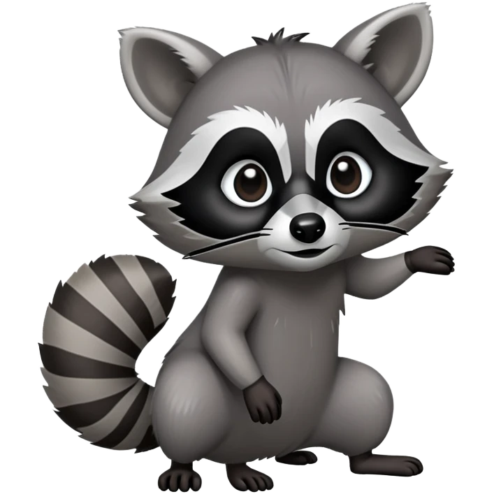 Cinematic-Raccoon-Realistic-Full-Body-Standingon all fours-Emoji – Tail flicking lazily, head tilted dramatically, thick grey fur with a signature black mask, sharp and alert ears, simplified yet realistic focused features, highly detailed, glowing with an almost sarcastic glow. emoji