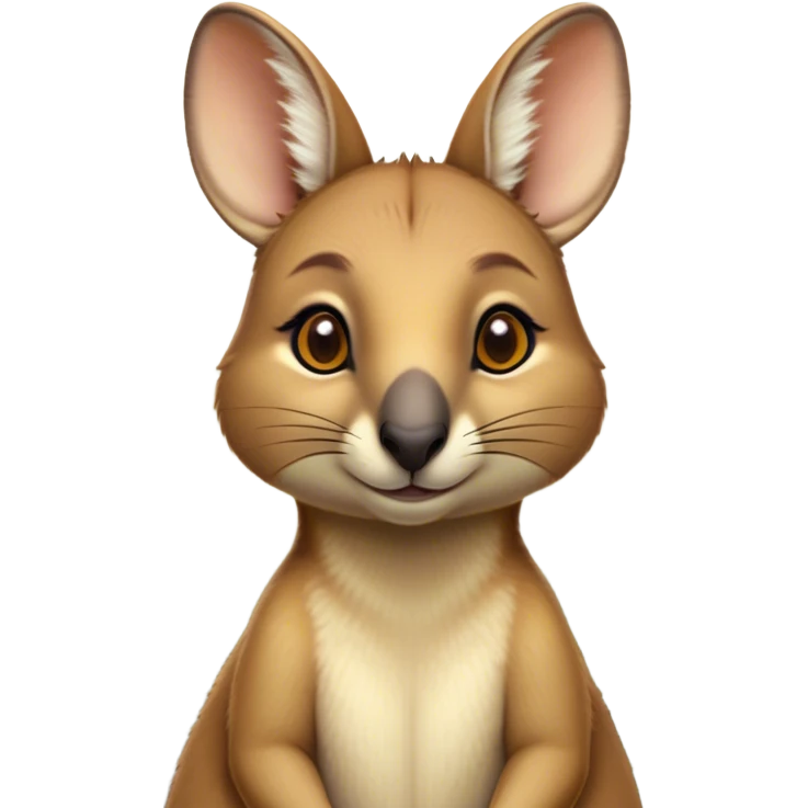Cinematic Noble Wallaby Portrait Emoji, Poised and regal, with a compact, agile build and a soft, well-groomed fur of warm tan and light brown hues, deep-set soulful amber eyes and perky ears, Simplified yet sharp and sophisticated features, highly detailed, glowing with a soft, dignified glow, high shine, intelligent and spry, stylized with an air of bushland elegance, focused and attentive, soft glowing outline, capturing the essence of a watchful and confident marsupial, so majestic it feels as though it could hop out of the screen with effortless authority! emoji
