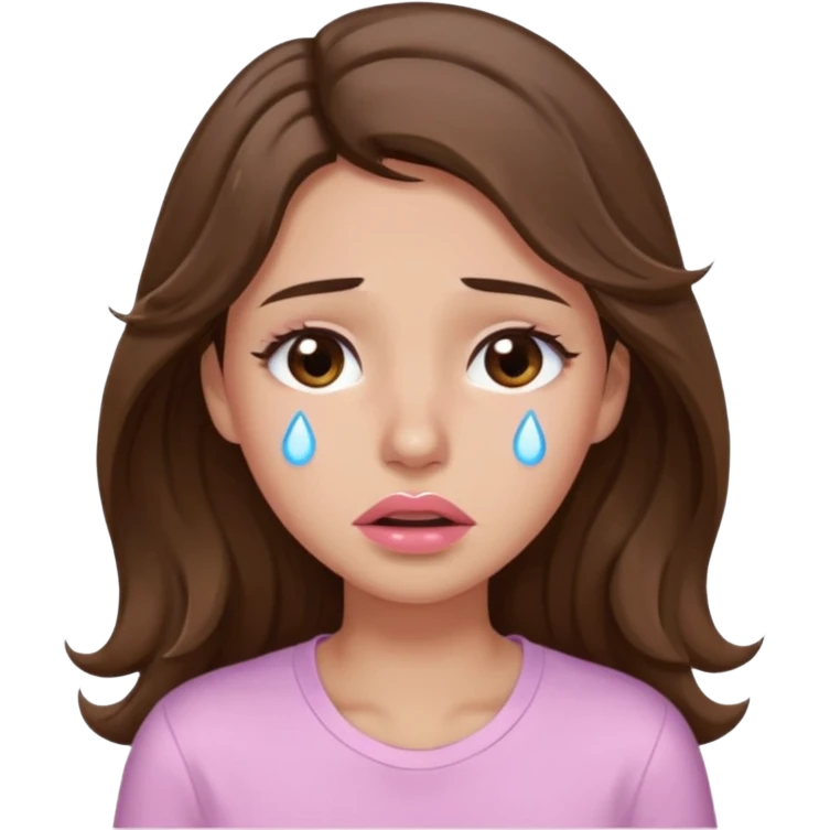 girl with wavy long brown hair, brown eyes, light to medium complexion, long lashes, light pink lipstick, wearing light pink shirt, weeping with big tears emoji