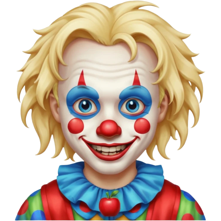 creepy clown boy with messy very long long blonde hair, blue eyes, make it more like an apple emoji emoji
